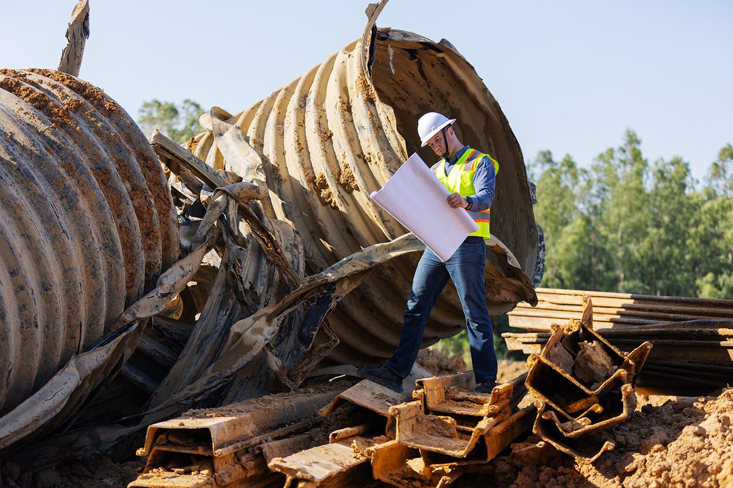 Bauingenieur studiert Pläne auf der Baustelle